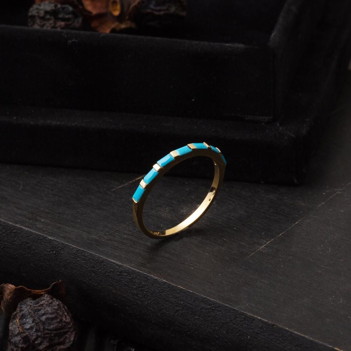 14K Yellow Gold Baguette Row Turquoise Ring