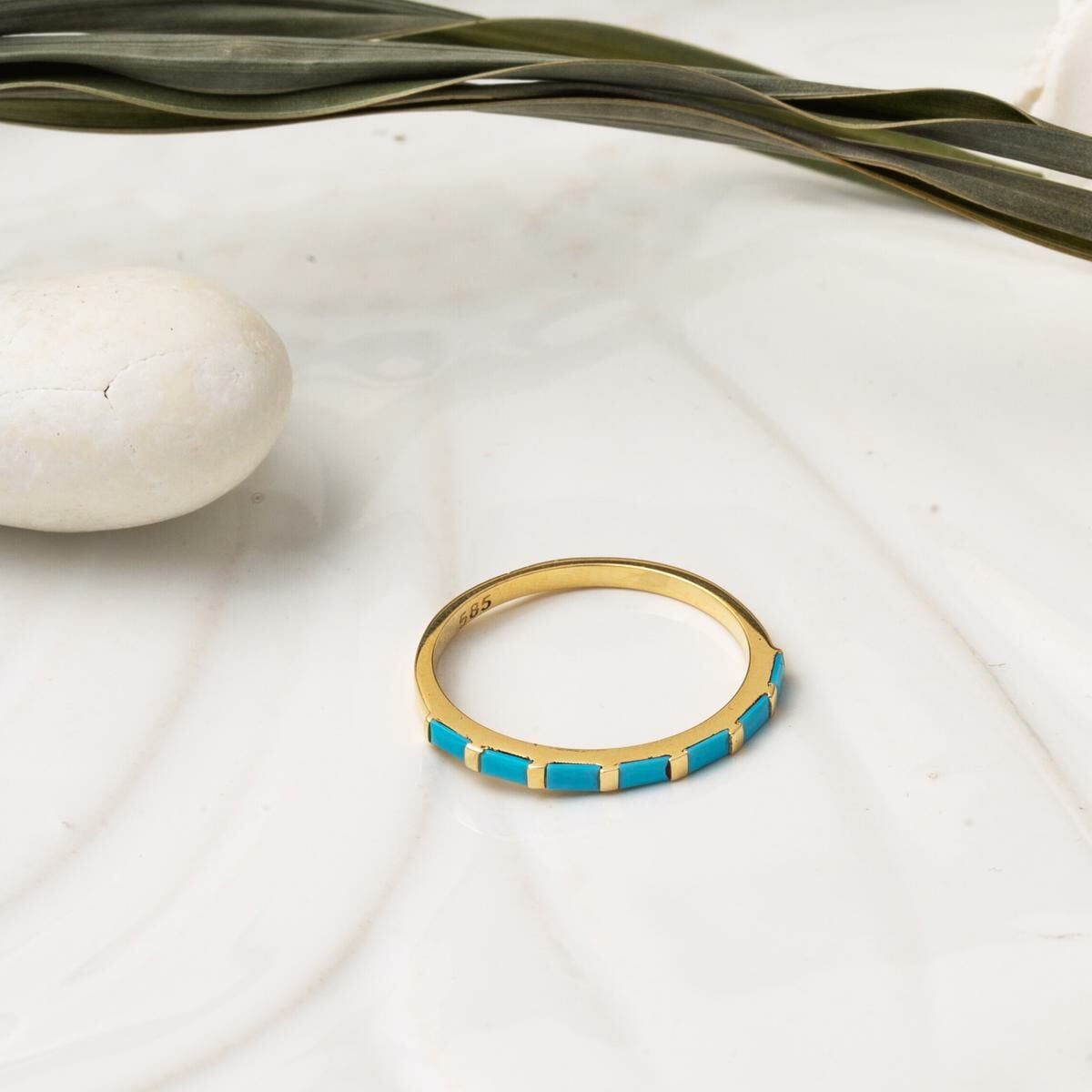14K Yellow Gold Baguette Row Turquoise Ring