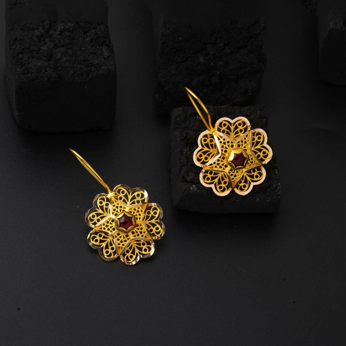 14K Rose Gold Dangle Garnet Cubic Zirconia Earrings