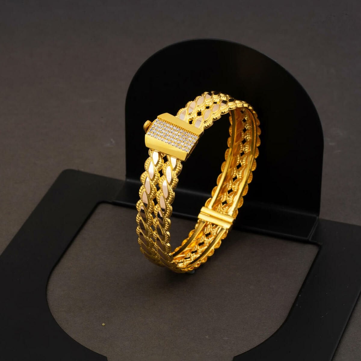 14K Yellow Gold Two Row Twisted Cubic Zirconia Hinged Cuff Bangle