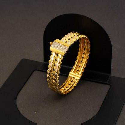 14K Yellow Gold Two Row Twisted Cubic Zirconia Hinged Cuff Bangle