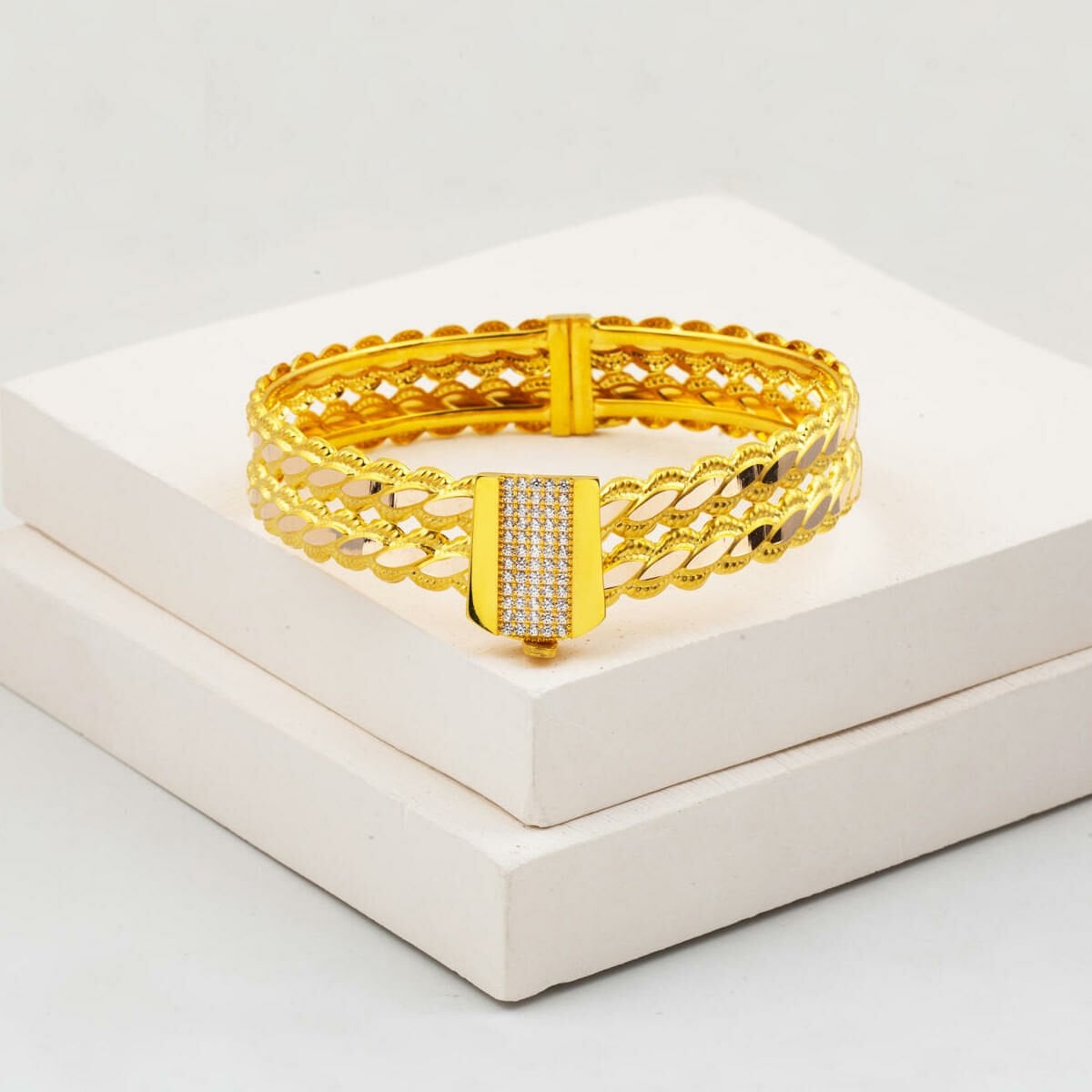 14K Yellow Gold Two Row Twisted Cubic Zirconia Hinged Cuff Bangle