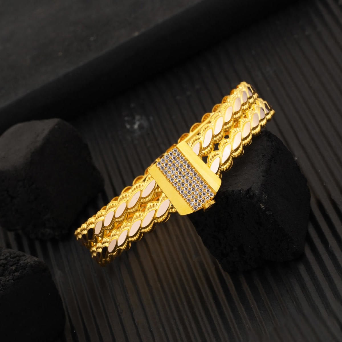 14K Yellow Gold Two Row Twisted Cubic Zirconia Hinged Cuff Bangle