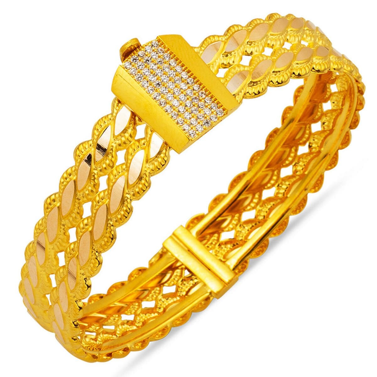 14K Yellow Gold Two Row Twisted Cubic Zirconia Hinged Cuff Bangle