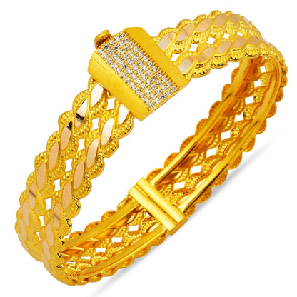 14K Yellow Gold Two Row Twisted Cubic Zirconia Hinged Cuff Bangle