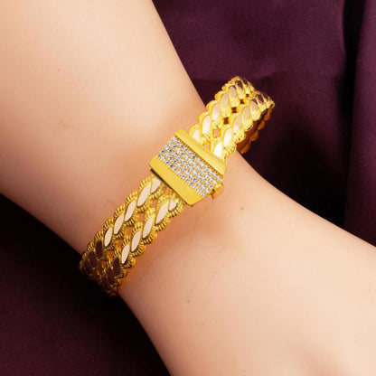 14K Yellow Gold Two Row Twisted Cubic Zirconia Hinged Cuff Bangle