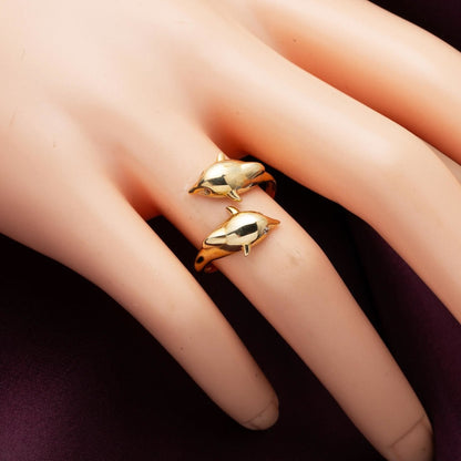 14K Yellow Gold Double Dolphin Cubic Zirconia Ring