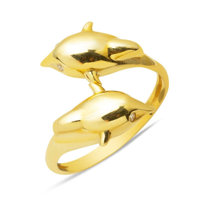 14K Yellow Gold Double Dolphin Cubic Zirconia Ring