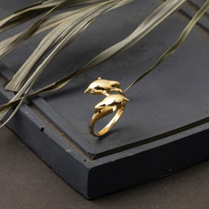 14K Yellow Gold Double Dolphin Cubic Zirconia Ring