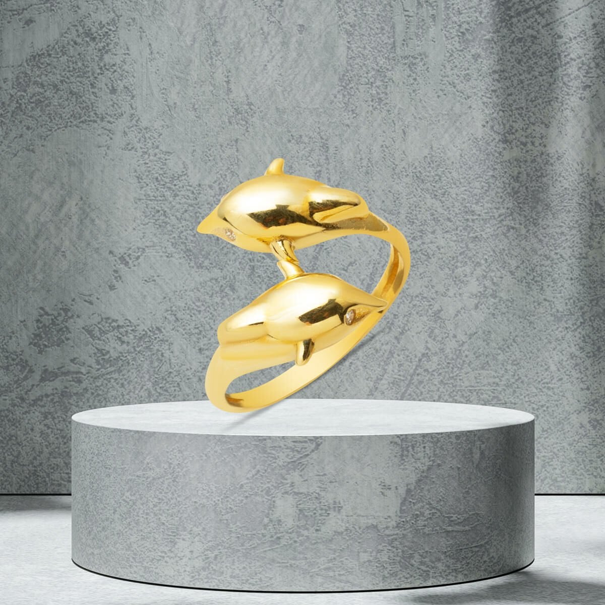 14K Yellow Gold Double Dolphin Cubic Zirconia Ring