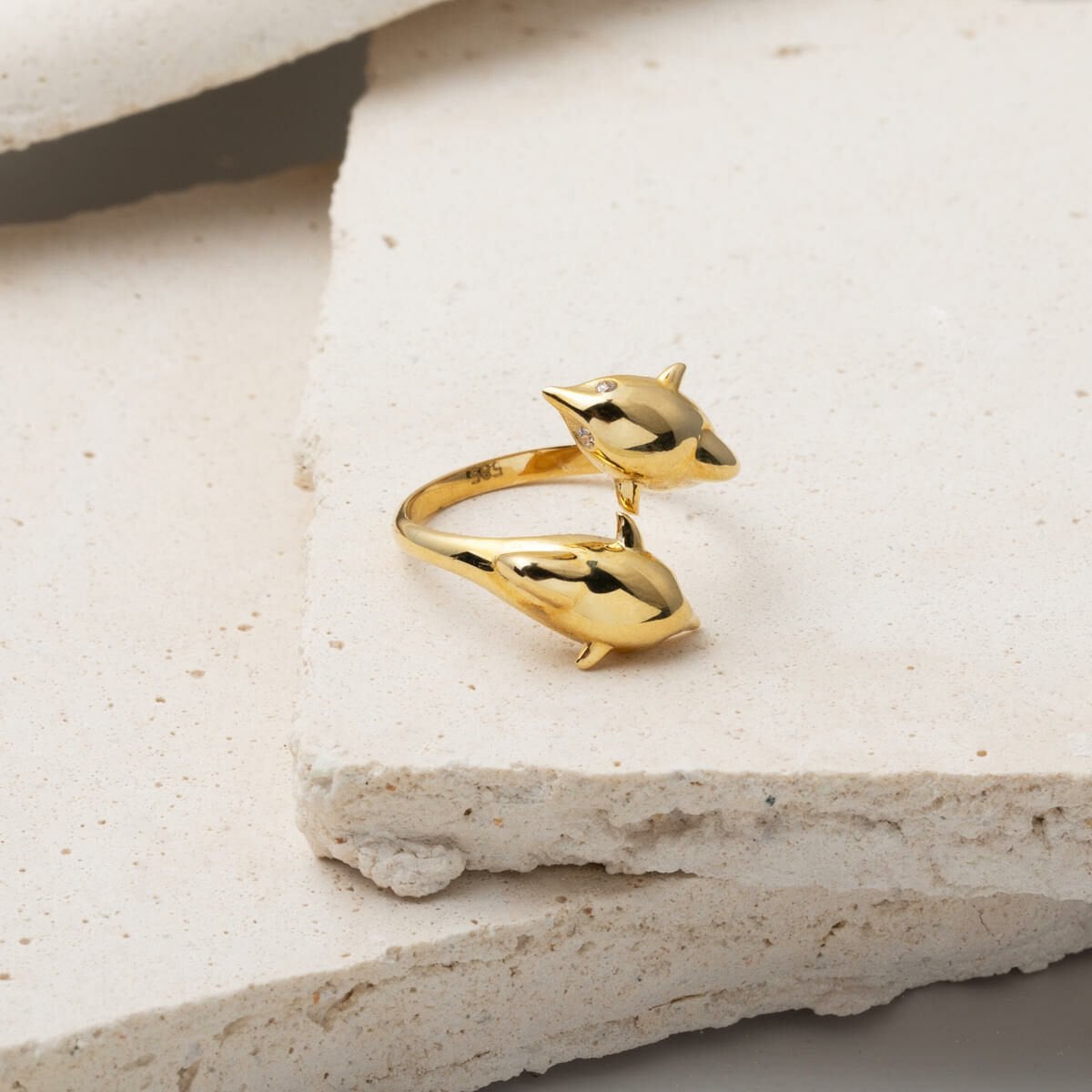 14K Yellow Gold Double Dolphin Cubic Zirconia Ring