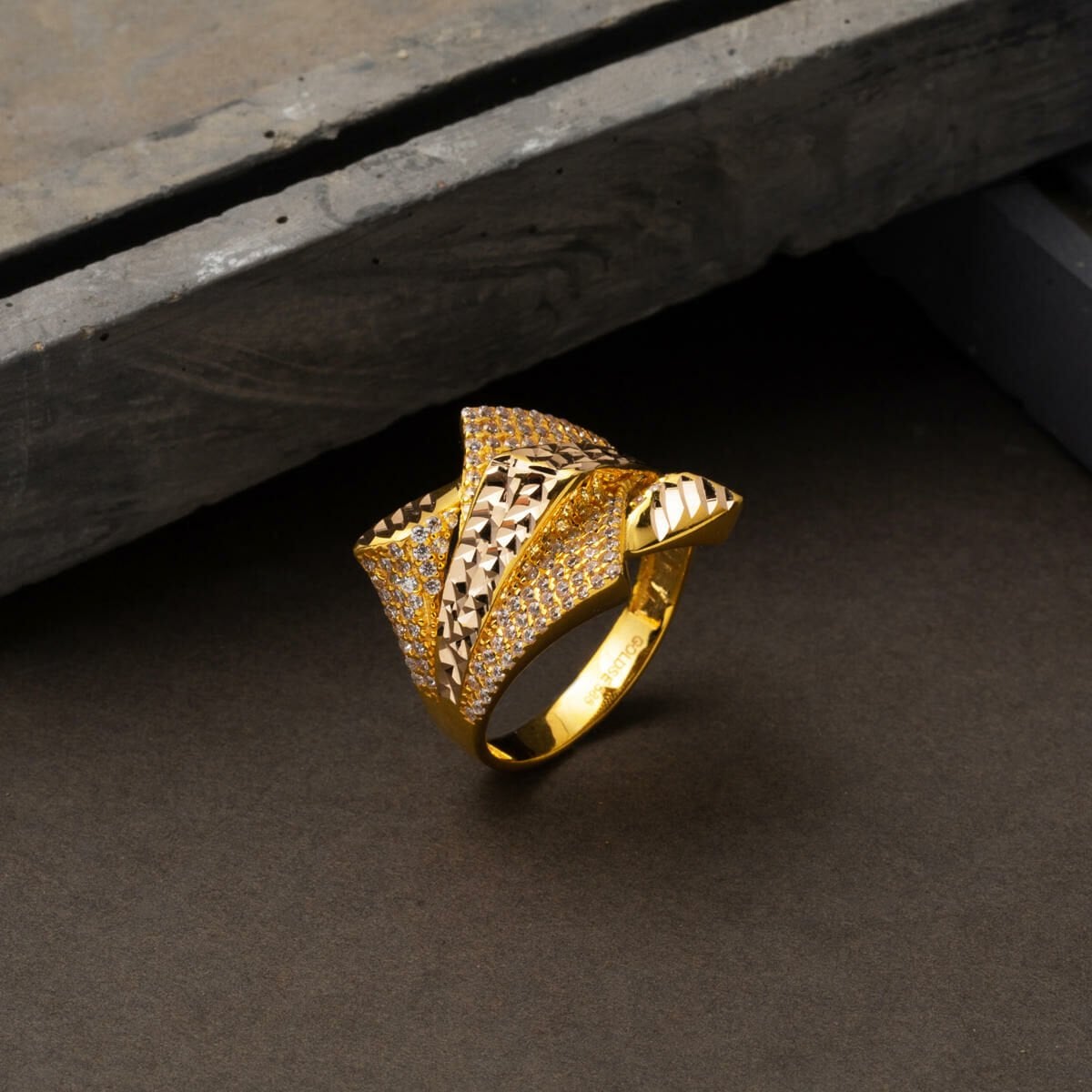 14K Yellow Gold Women's Hand Engraved Cubic Zirconia Ring