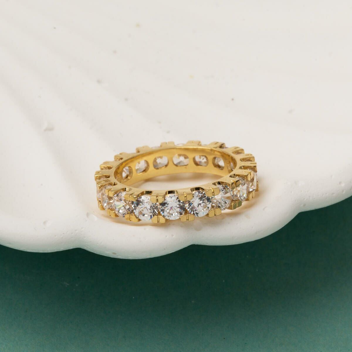 14K Yellow Gold Thick Single Row Full Eternity Cubic Zirconia Ring