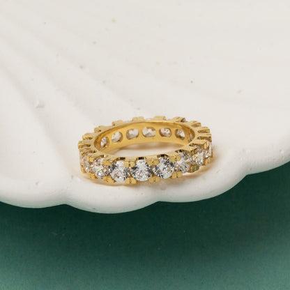 14K Yellow Gold Thick Single Row Full Eternity Cubic Zirconia Ring