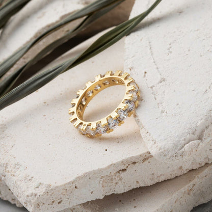 14K Yellow Gold Thick Single Row Full Eternity Cubic Zirconia Ring