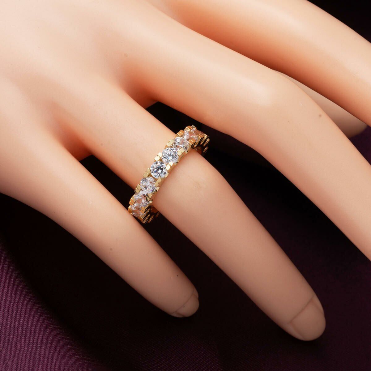 14K Yellow Gold Thick Single Row Full Eternity Cubic Zirconia Ring