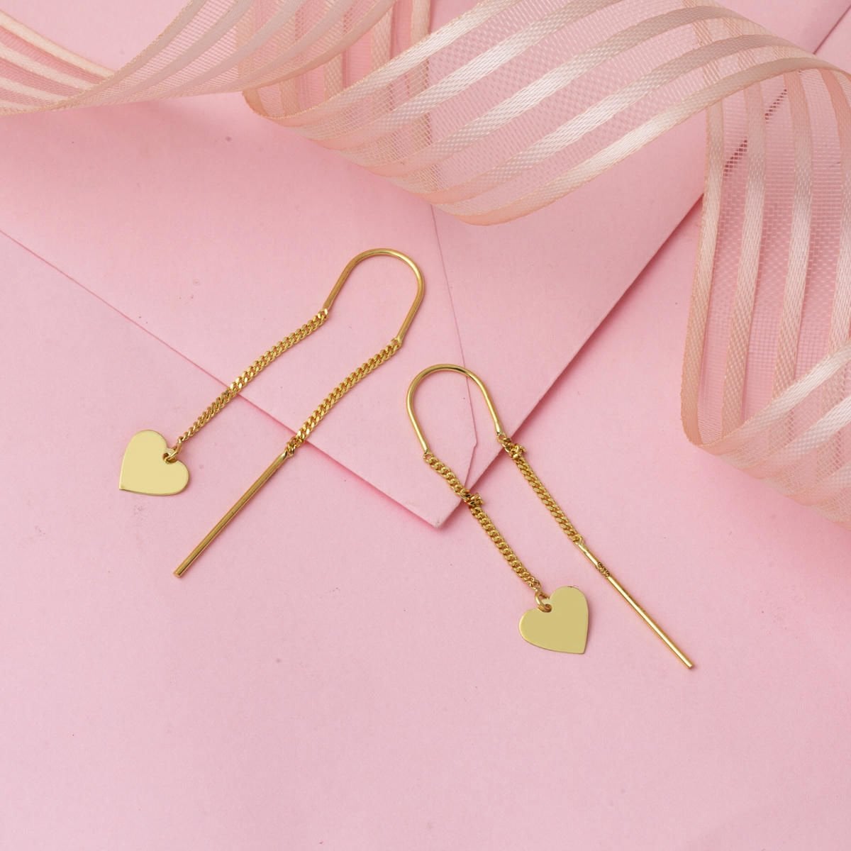 14K Yellow Gold Heart Chain Earrings