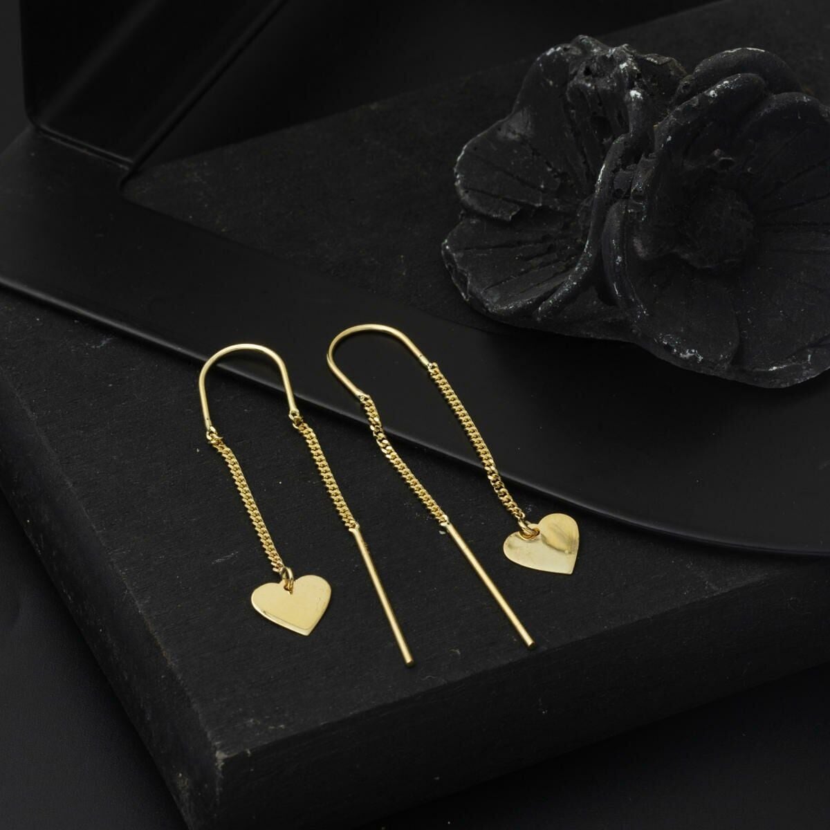 14K Yellow Gold Heart Chain Earrings