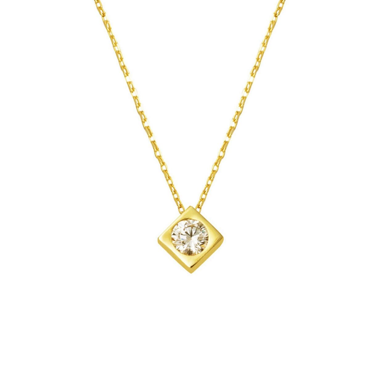 14K Yellow Gold Square Single Cubic Zirconia Necklace