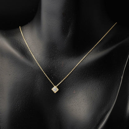 14K Yellow Gold Square Single Cubic Zirconia Necklace