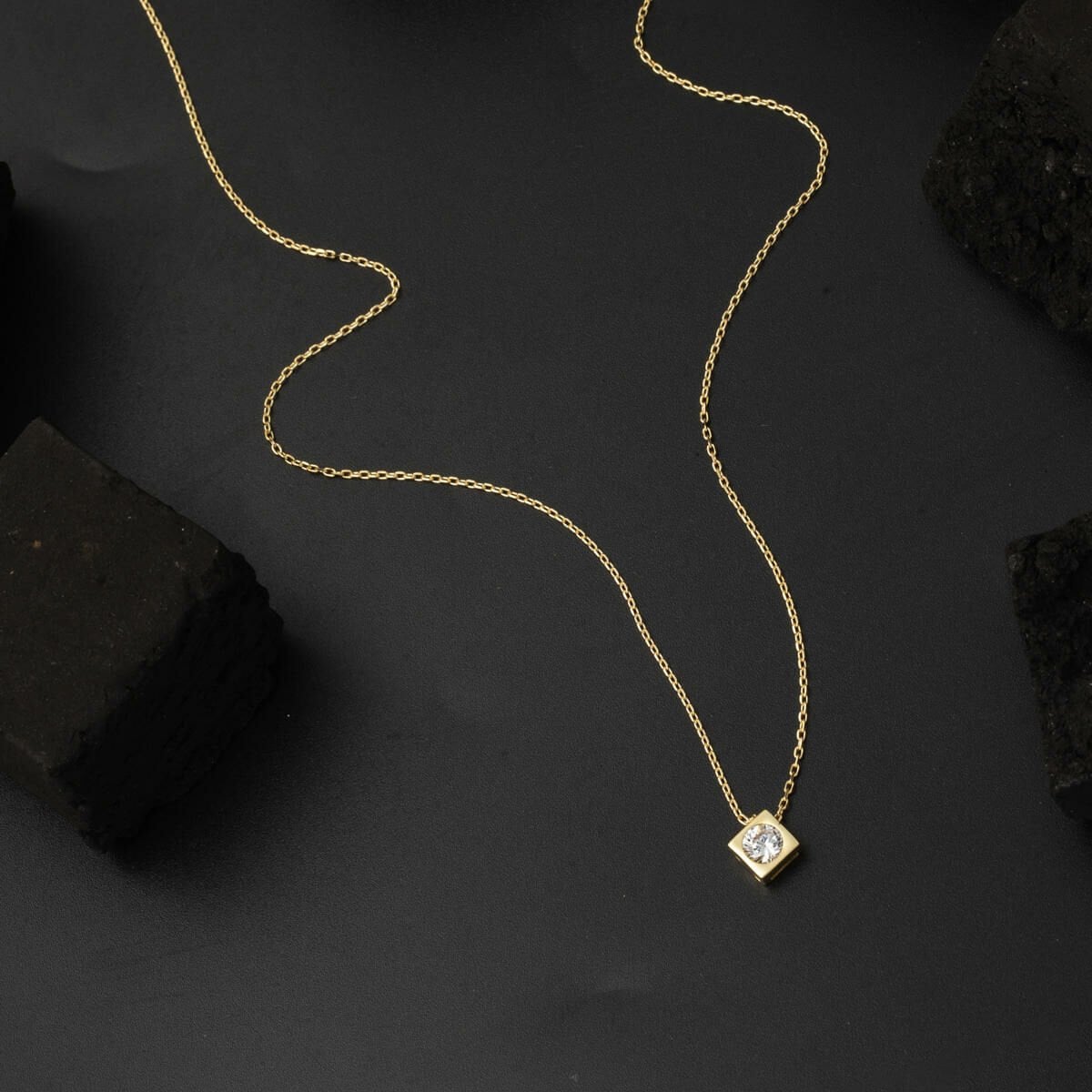 14K Yellow Gold Square Single Cubic Zirconia Necklace
