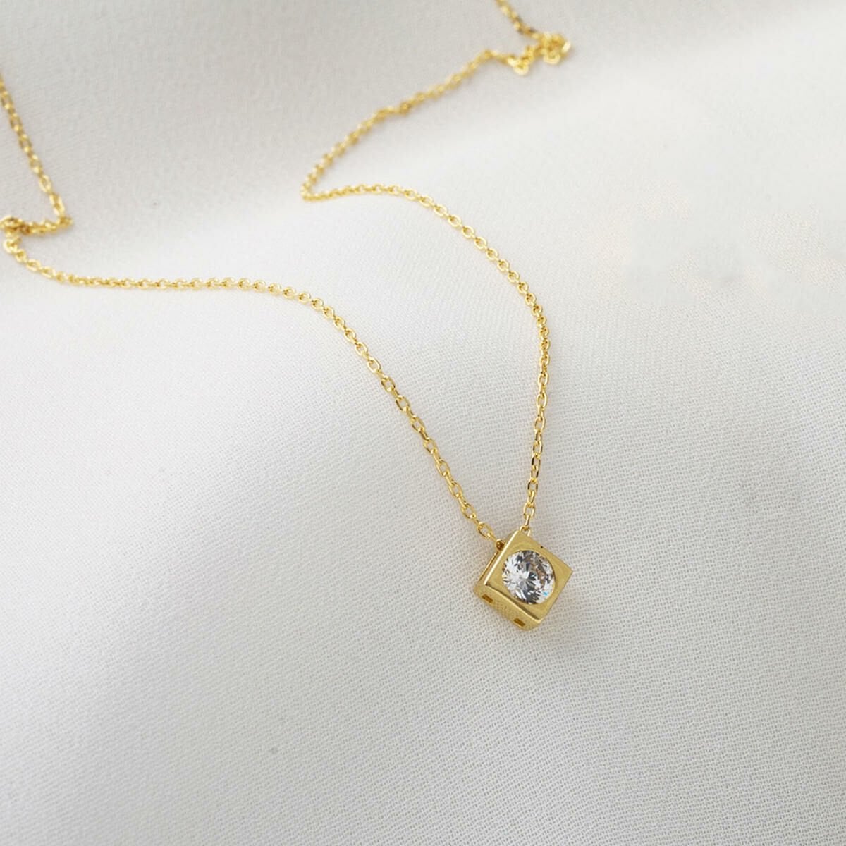 14K Yellow Gold Square Single Cubic Zirconia Necklace