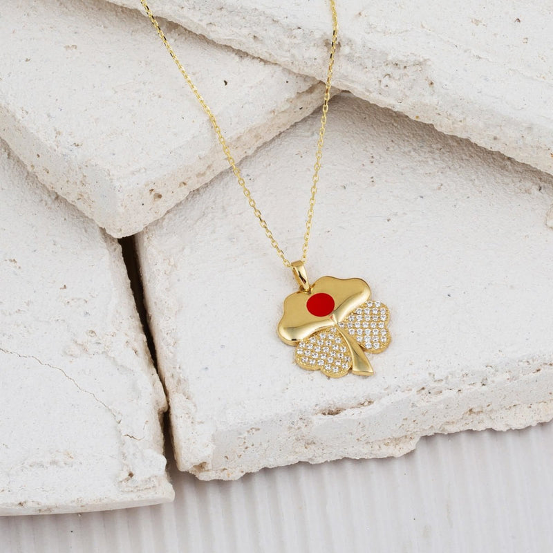 14K Yellow Gold Rose Enamel Clover Cubic Zirconia Necklace