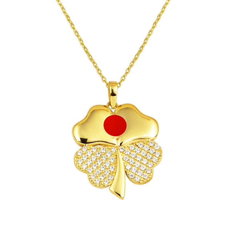 14K Yellow Gold Rose Enamel Clover Cubic Zirconia Necklace