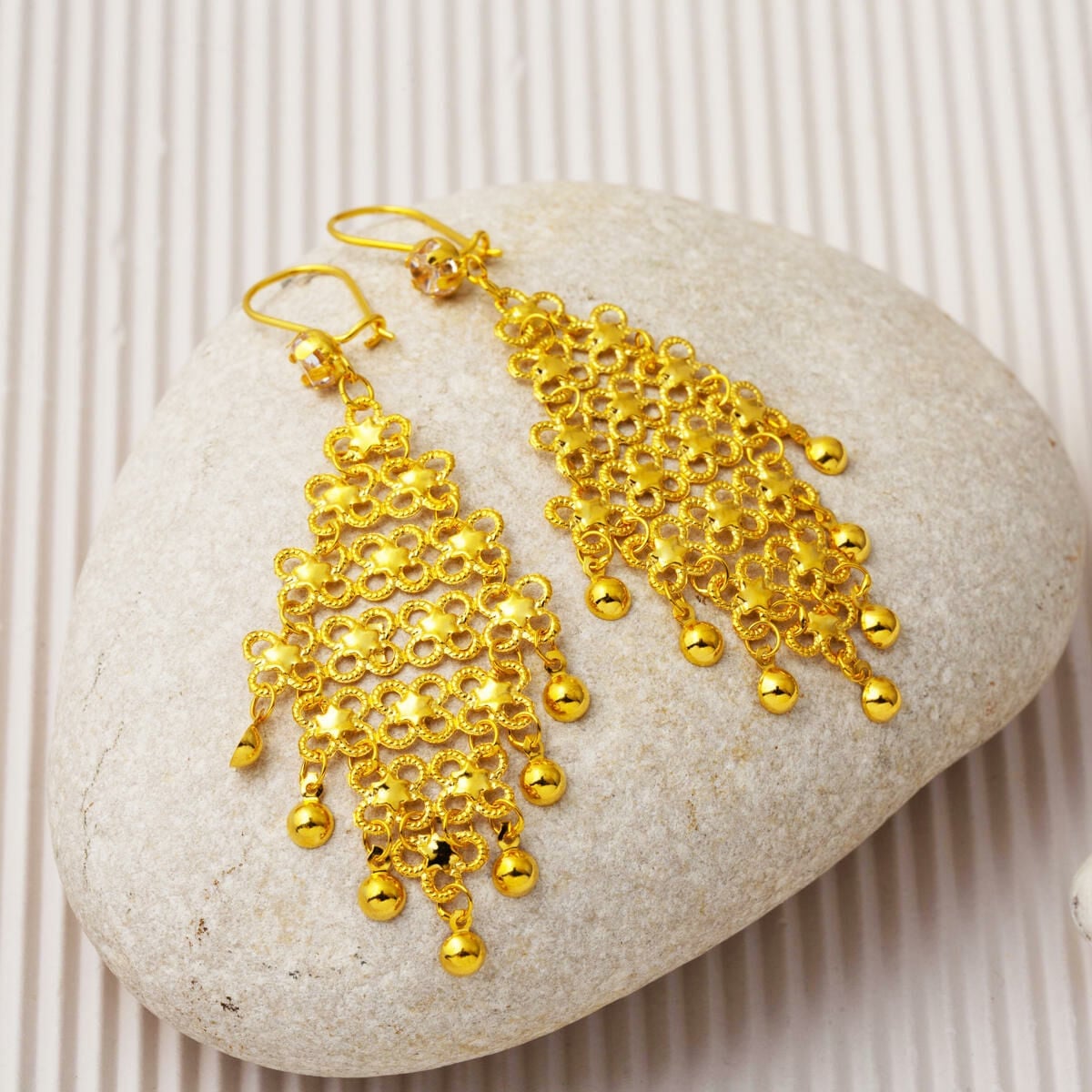 14K Yellow Gold Granulated Indian Style Cubic Zirconia Earrings