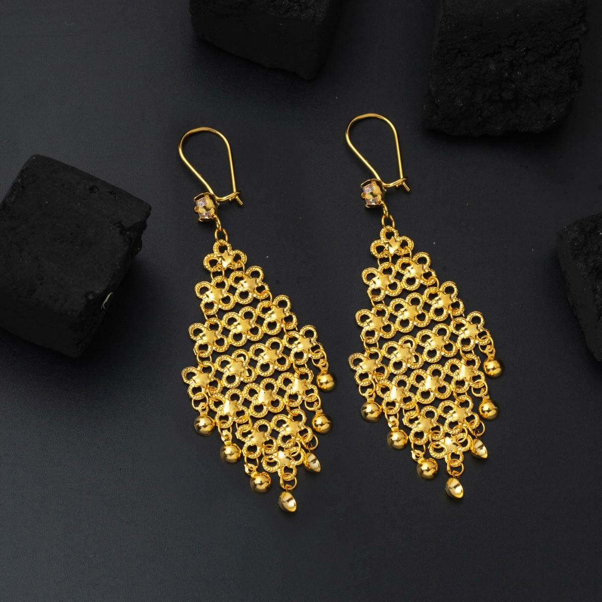 14K Yellow Gold Granulated Indian Style Cubic Zirconia Earrings