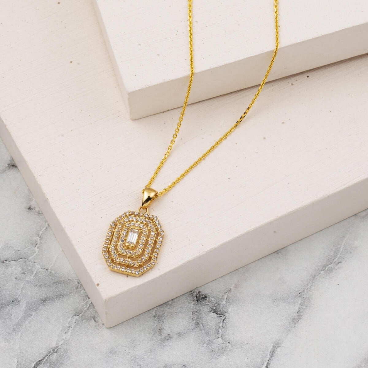 14K Yellow Gold Square-Cut Baguette Cubic Zirconia Necklace