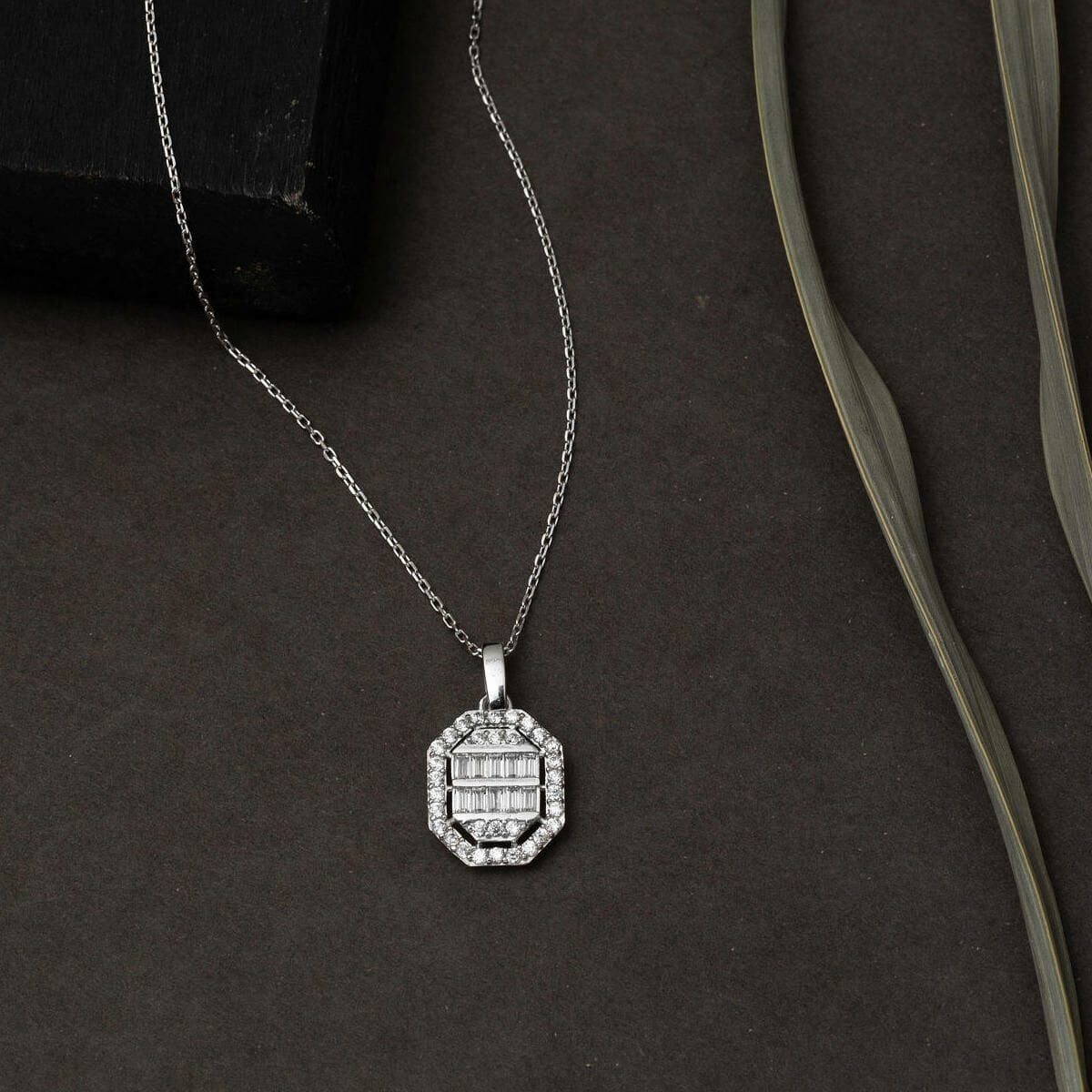 14K White Gold Square-Cut Baguette Cubic Zirconia Necklace