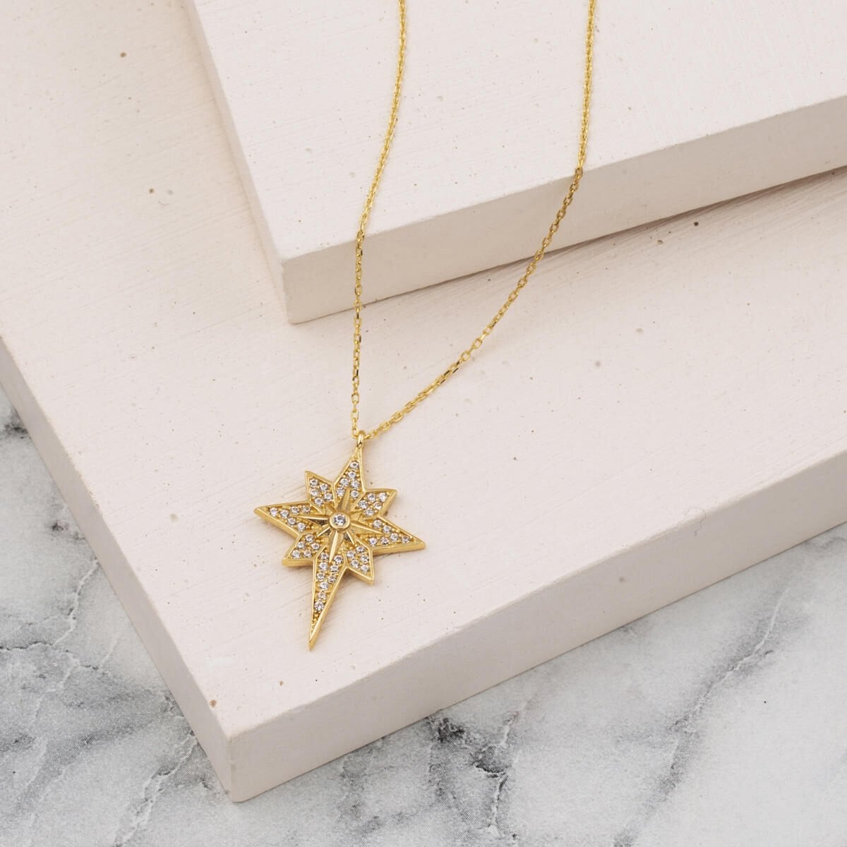 14K Yellow Gold North Star Cubic Zirconia Necklace