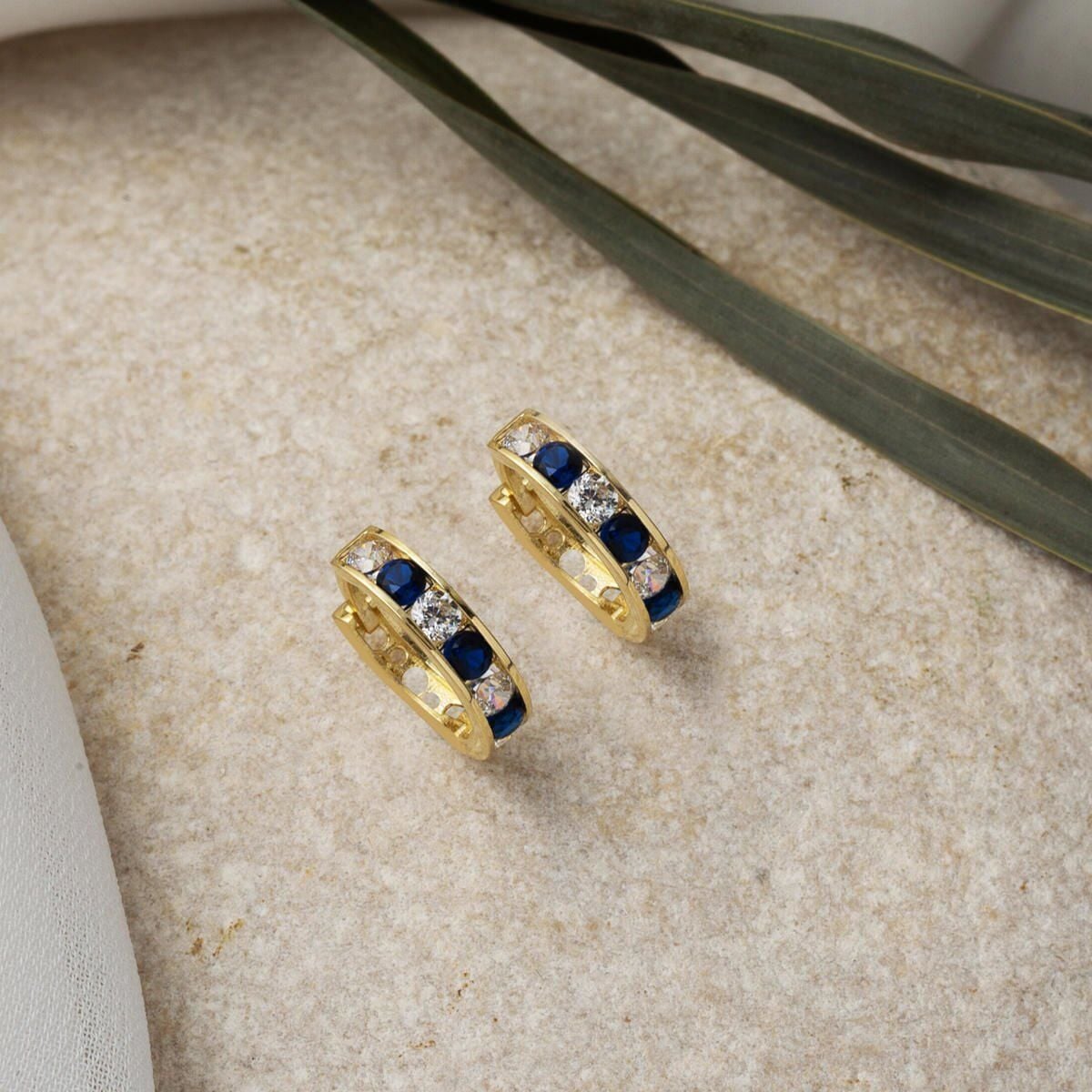 14K Yellow Gold Navy Blue Cubic Zirconia Hoop Children's Earrings