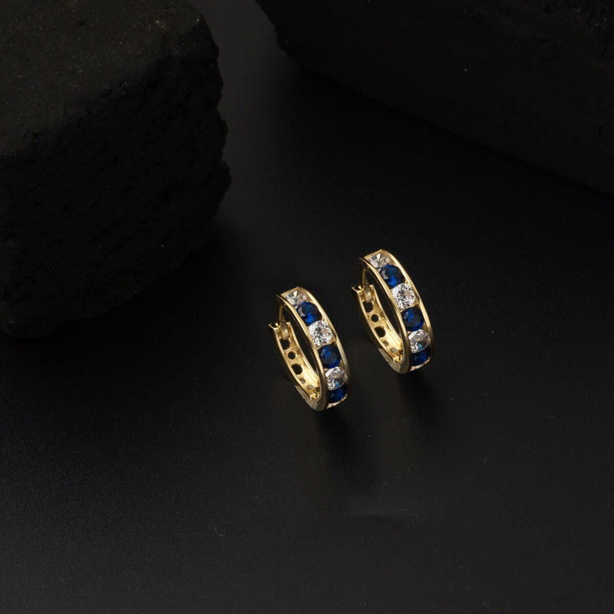 14K Yellow Gold Navy Blue Cubic Zirconia Hoop Children's Earrings