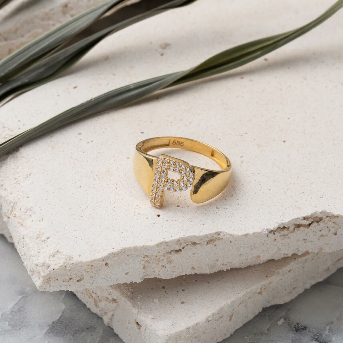 14K Yellow Gold Initial P Cubic Zirconia Women's Ring