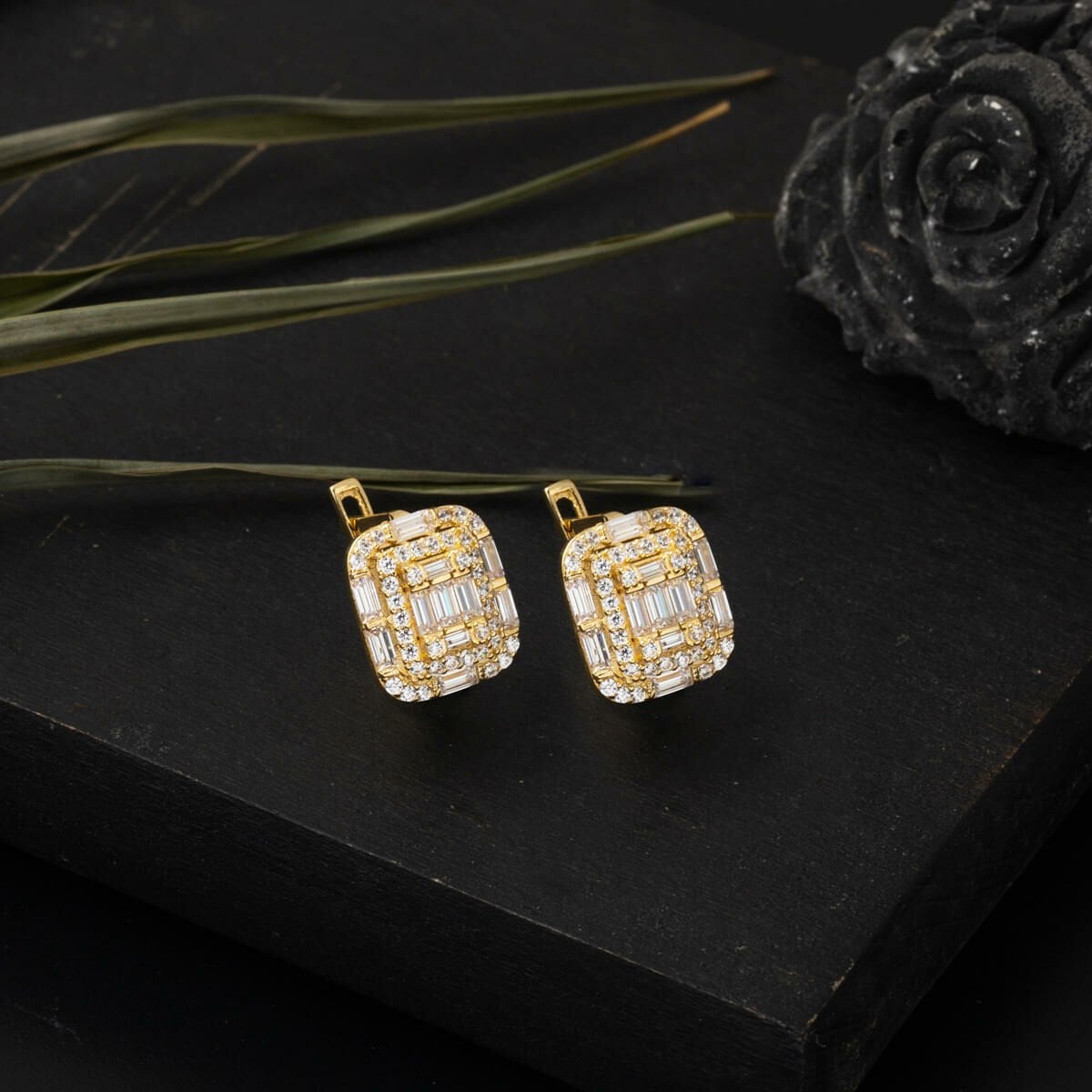 14K Yellow Gold Segmented Baguette Cubic Zirconia Earrings
