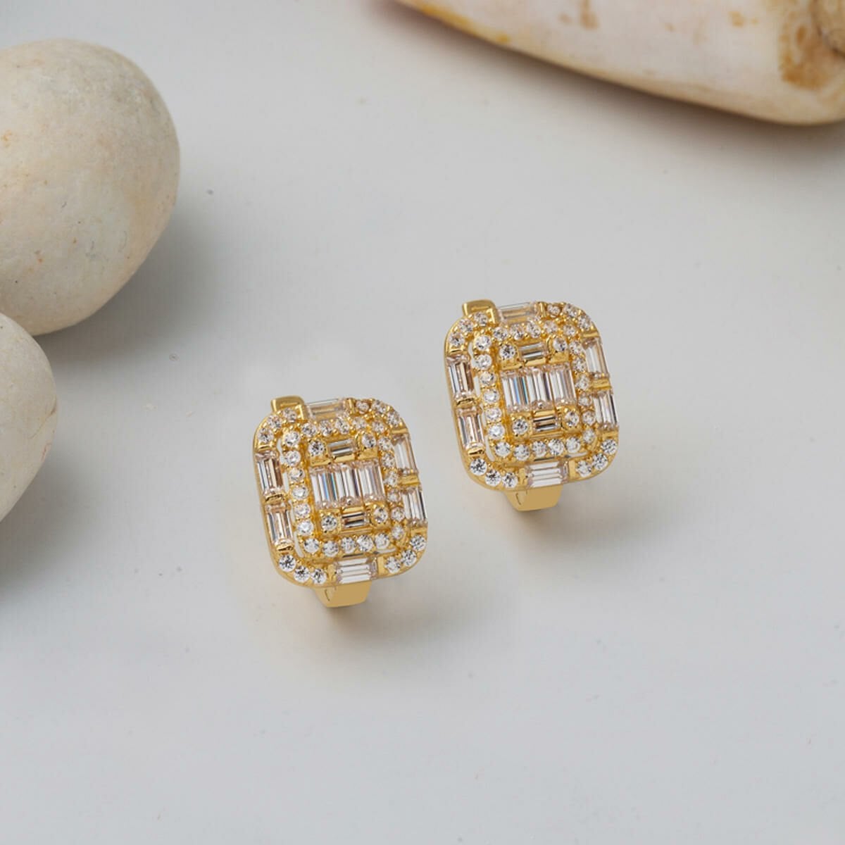 14K Yellow Gold Segmented Baguette Cubic Zirconia Earrings