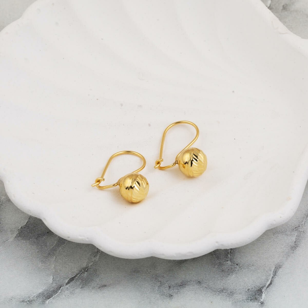 14K Yellow Gold Dangle Hand Engraved Ball Earrings