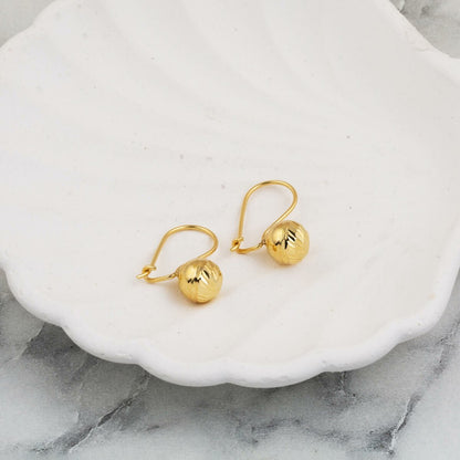 14K Yellow Gold Dangle Hand Engraved Ball Earrings