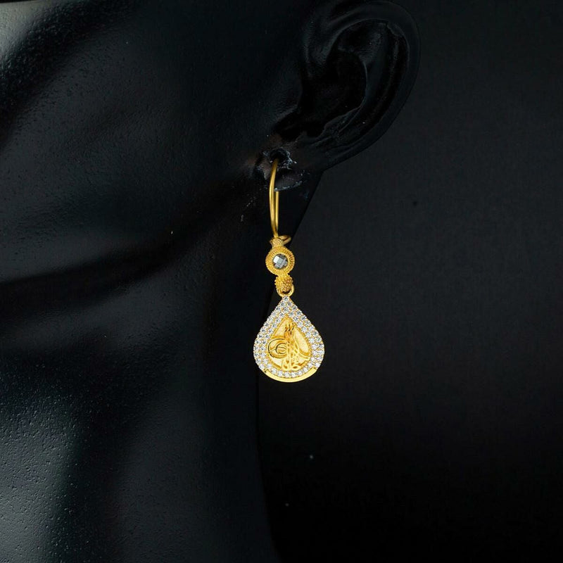 14K Yellow Gold Ottoman Tughra Dangle Cubic Zirconia Earrings