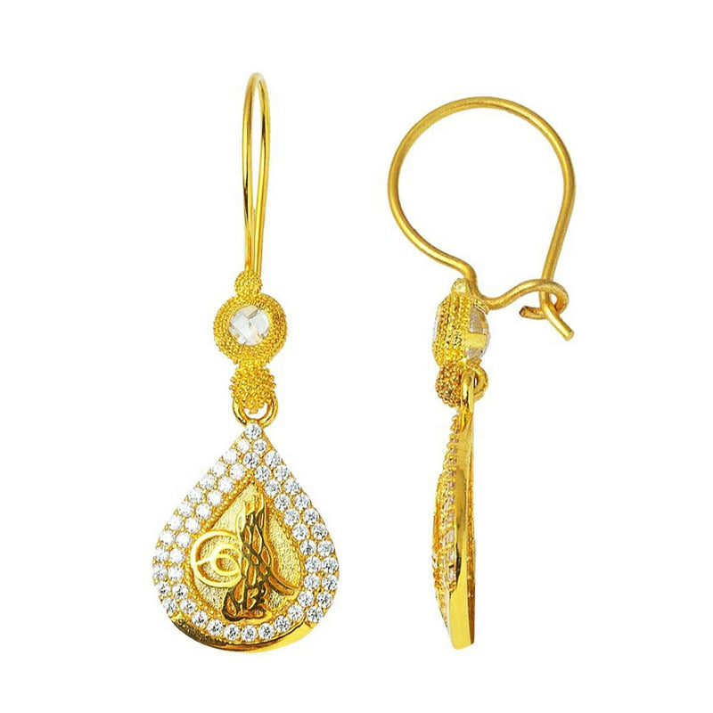 14K Yellow Gold Ottoman Tughra Dangle Cubic Zirconia Earrings