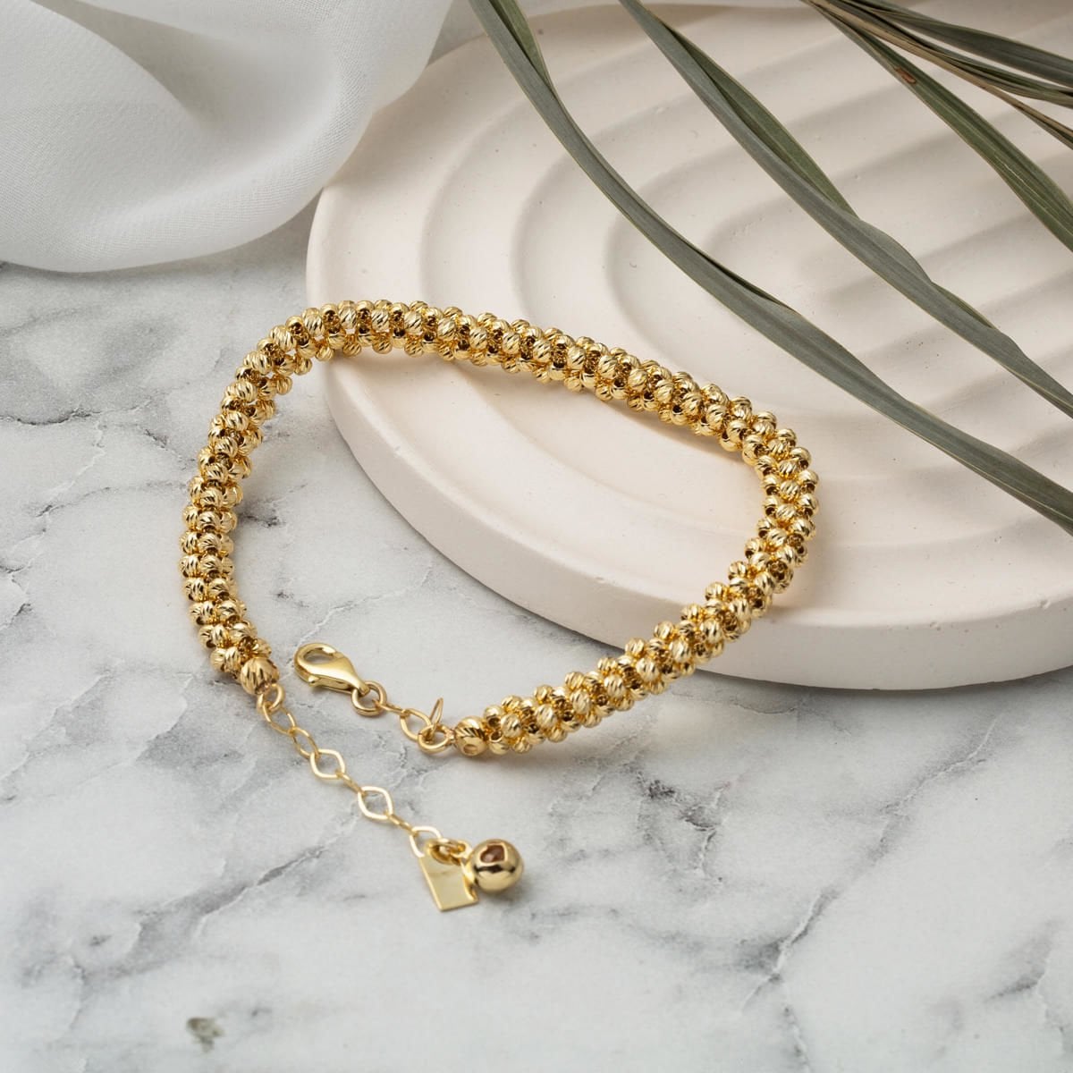 14K Yellow Gold Braided Gold Bead Bracelet