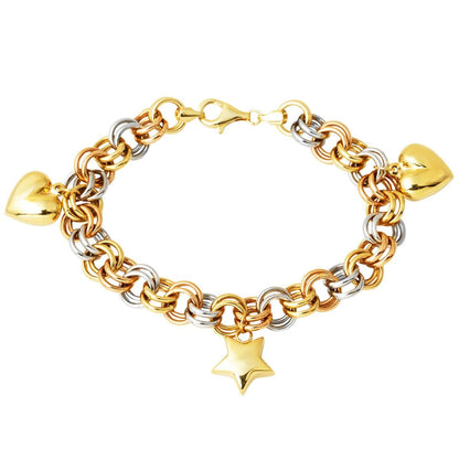 14K Yellow Gold Love Heart Star Charm Bracelet