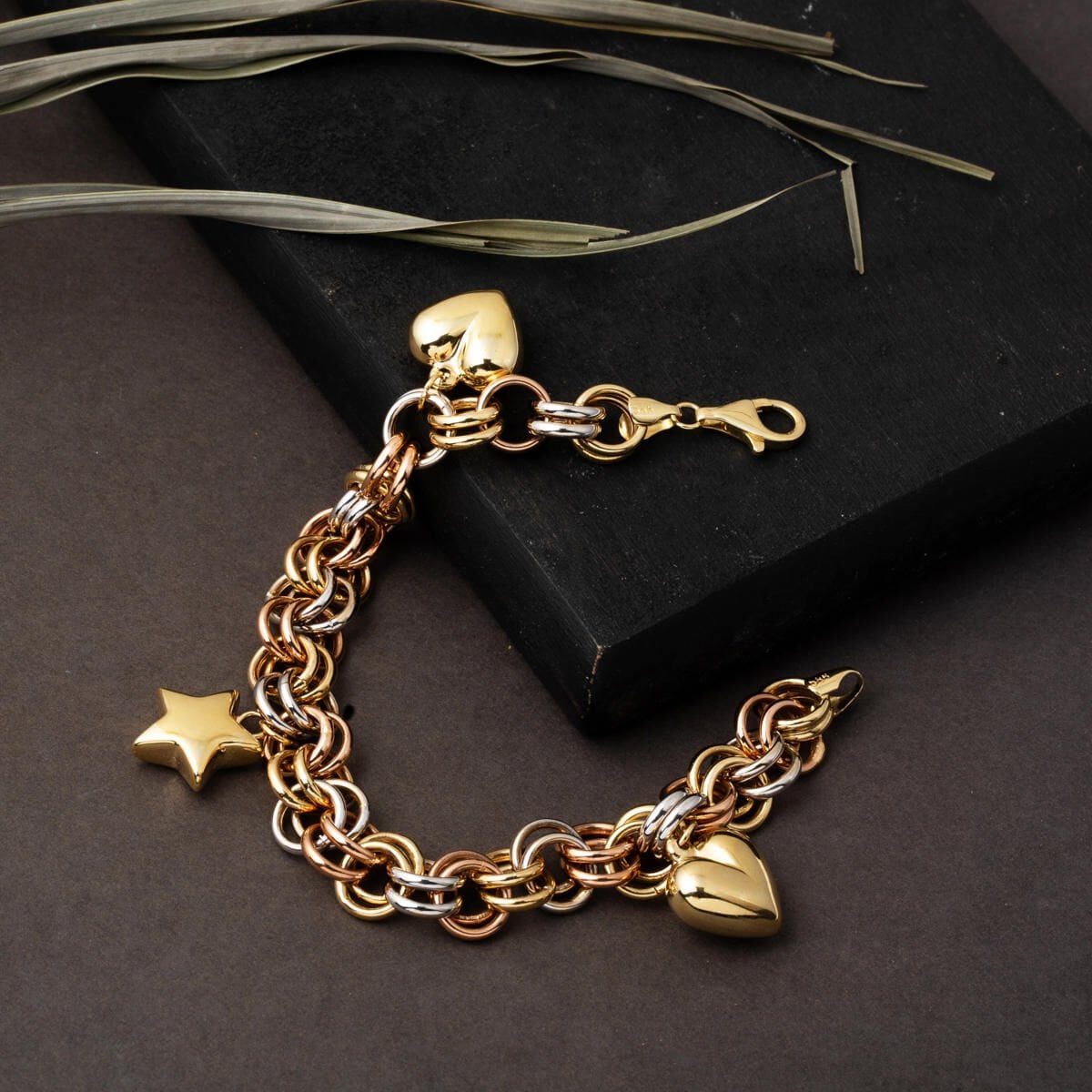 14K Yellow Gold Love Heart Star Charm Bracelet