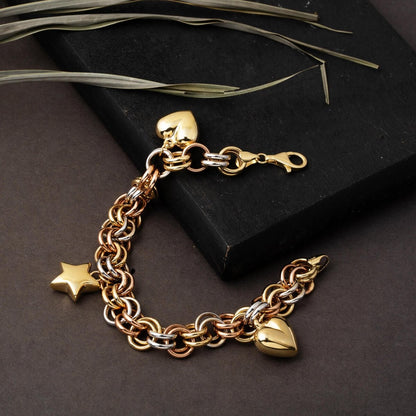 14K Yellow Gold Love Heart Star Charm Bracelet