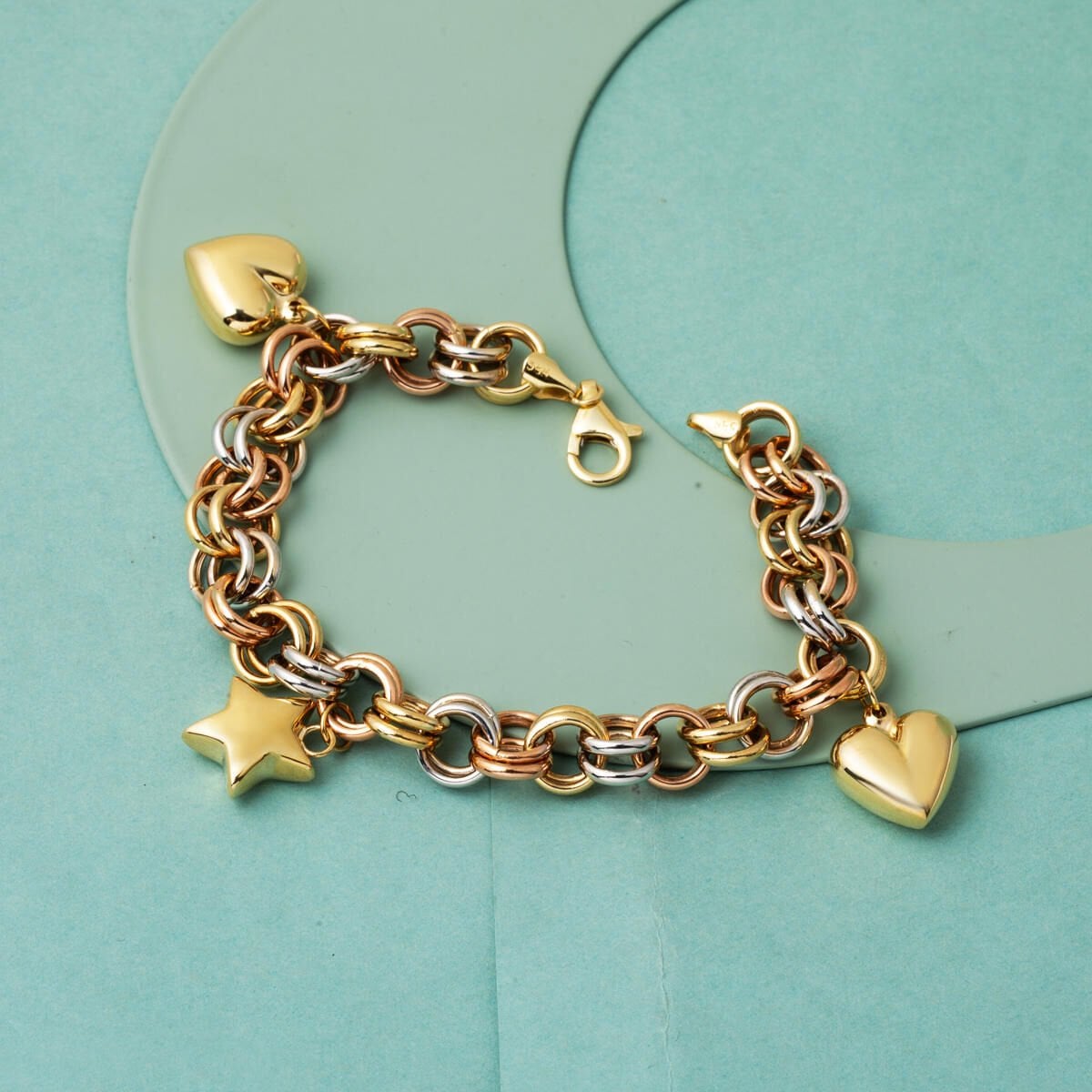 14K Yellow Gold Love Heart Star Charm Bracelet