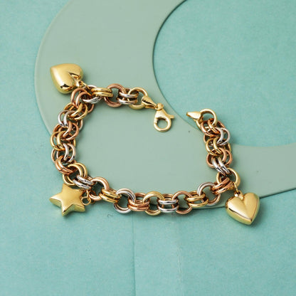 14K Yellow Gold Love Heart Star Charm Bracelet