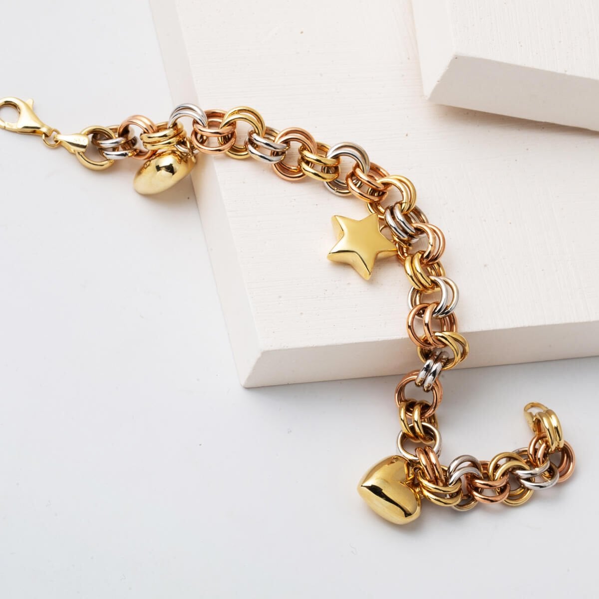 14K Yellow Gold Love Heart Star Charm Bracelet