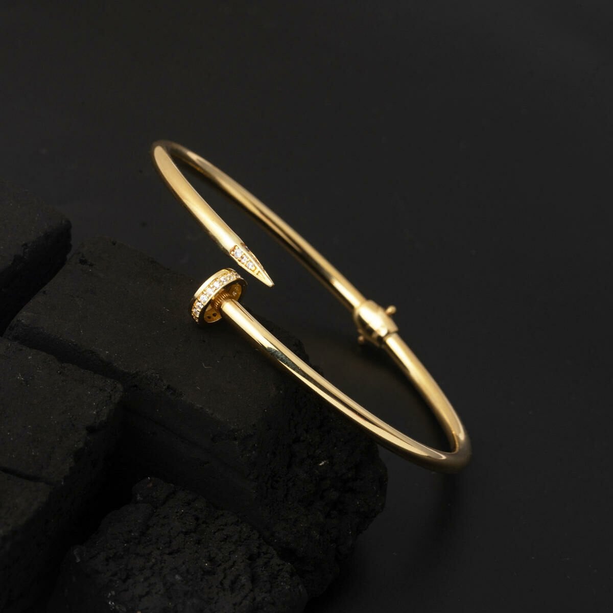 14K Yellow Gold Studded Hinged Cuff Cubic Zirconia Bangle